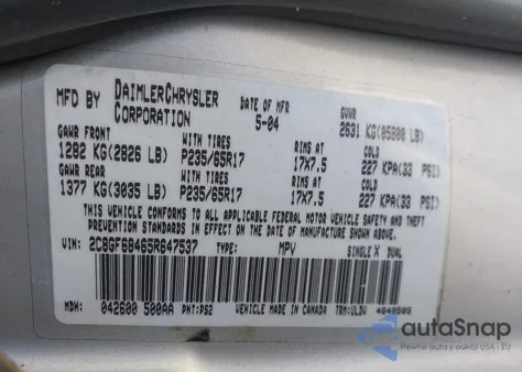 2005 Chrysler Pacifica Touring from USA, damaged, VIN 2C8GF68465R647537